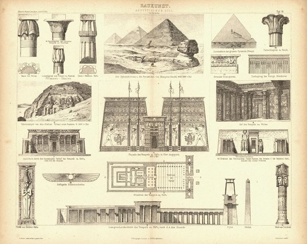 Baukunst Ägyptischer Stil. Buchillustration (Stich) von 1874