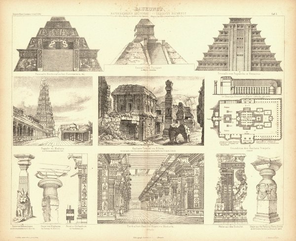 Baukunst, Baudenkmäler Amerikas, Indische Baukunst. Buchillustration (Stich) von 1874