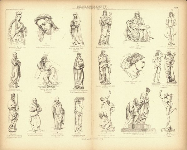 Bildhauerkunst, Nordische u. Italienische Bildnerei, XIV-XIX. Jhd. Buchillustration (Stich) von 1874
