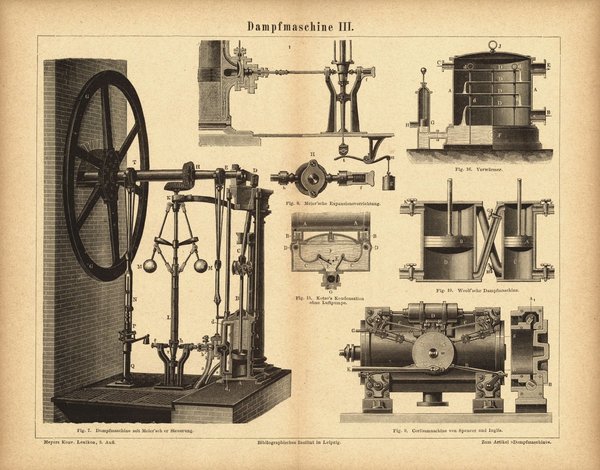 Dampfmaschine III. Buchillustration (Stich) von 1874