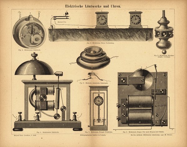 Elektrische Läutwerke und Uhren. Buchillustration (Stich) von 1875
