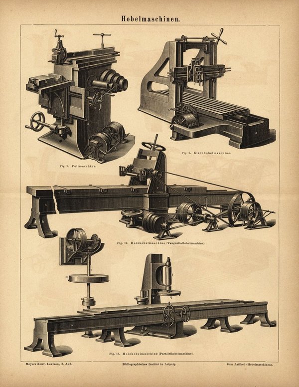 Hobelmaschinen. Buchillustration (Stich) von 1876