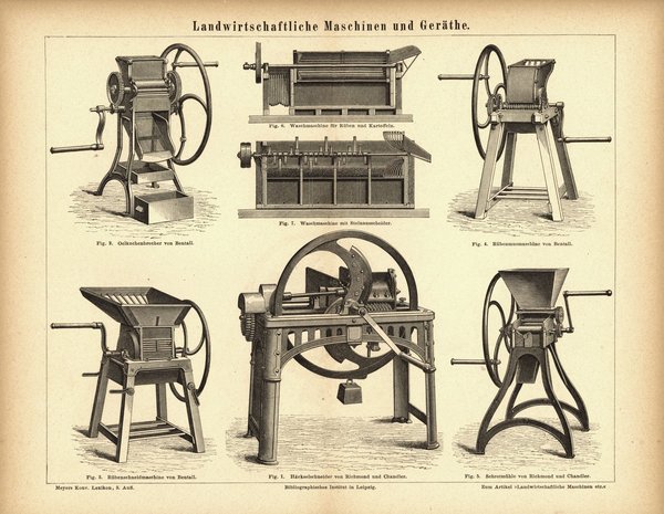 Landwirtschaftliche Maschinen und Geräte. Buchillustration (Stich) von 1877