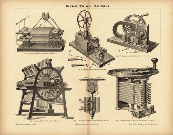 Magnetelektrische Maschinen. Buchillustration (Stich) von 1877