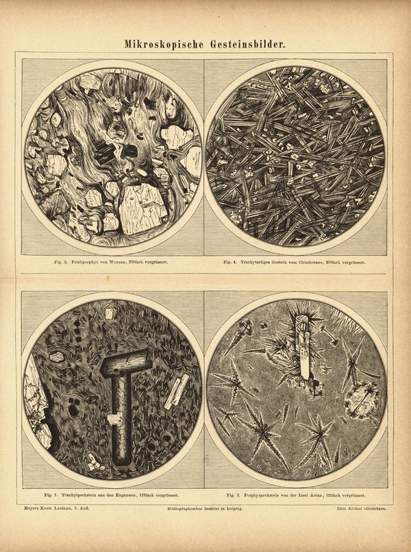 Mikroskopische Gesteinsbilder. Buchillustration (Stich) von 1877