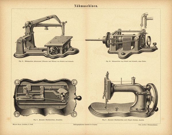 Nähmaschinen. Buchillustration (Stich) von 1877