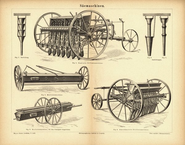 Sämaschinen. Buchillustration (Stich) von 1878