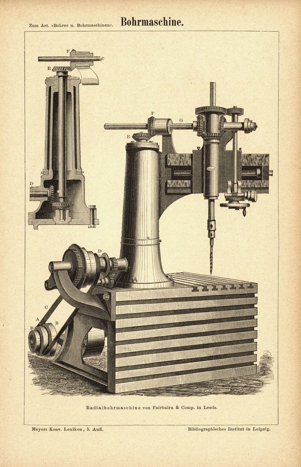 Bohrmaschine. Buchillustration (Stich) von 1874