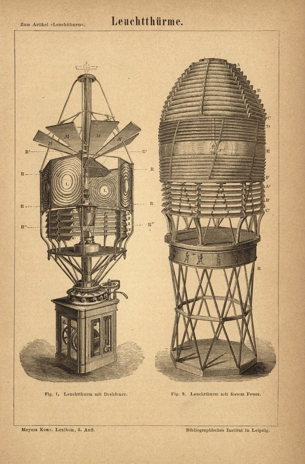 Leuchttürme. Buchillustration (Stich) von 1877