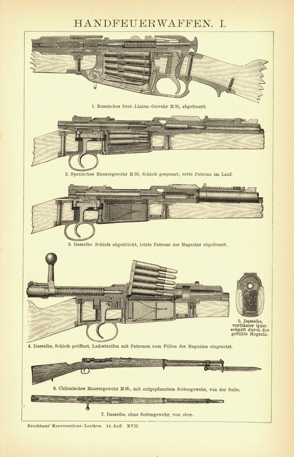 Handfeuerwaffen . Buchillustration (Stich) von 1894