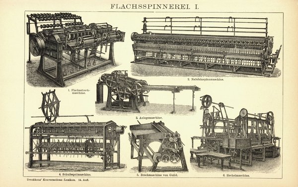 Flachsspinnerei. Buchillustration (Stich) von 1894