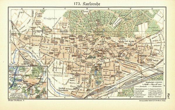 Karlsruhe. Alte Landkarte von 1930