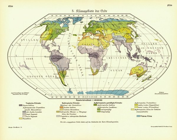 Klimagebiete der Erde. Alte Landkarte von 1931