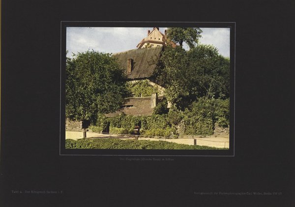 Der Ziegenhals, ältestes Haus in Löbau, Königreich Sachsen. Farbenphotographie von 1916.