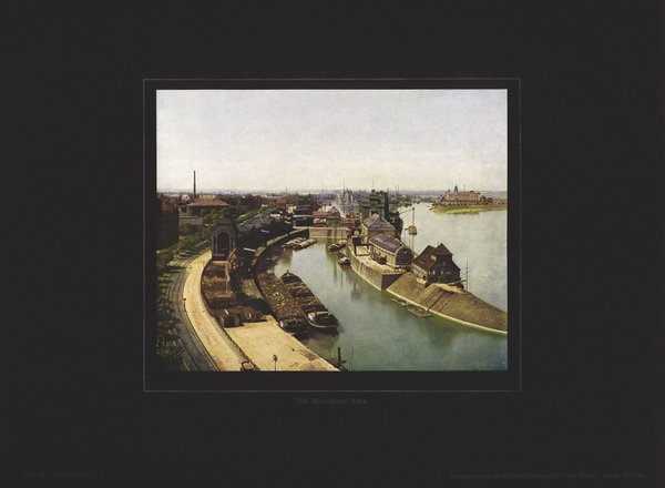 Der Düsseldorfer Hafen, Die Rheinlande. Farbenphotographie von 1921.