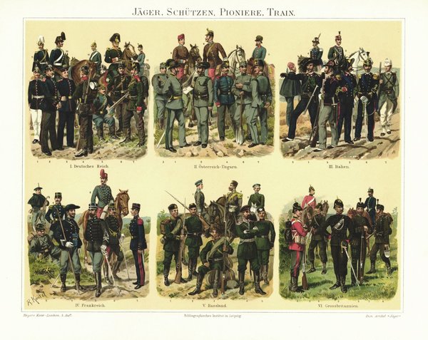 Jäger, Schützen, Pioniere, Train, Uniformen. Lithografie von 1895