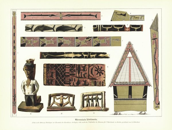 Mikronesische Schnitzwerke. Lithografie von 1902