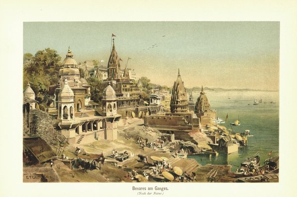 Benares am Ganges. Lithografie von 1902