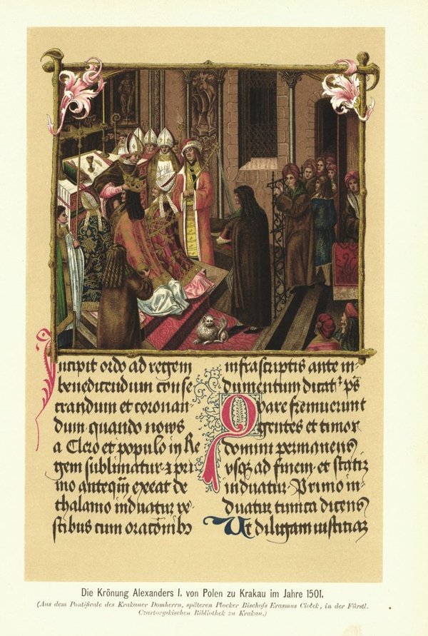 Die Krönung Alexanders I., von Polenn zu Krakau im Jahre 1501. Lithografie von 1902
