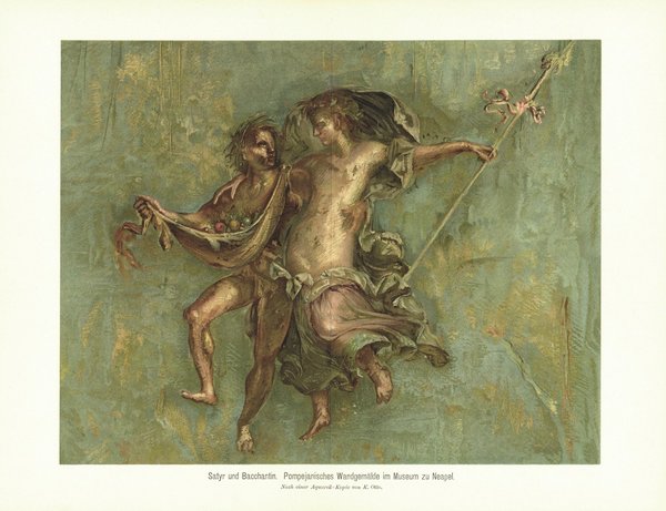 Satyr und Bacchantin. Pompejanisches Wandgemälde. Lithografie von 1905