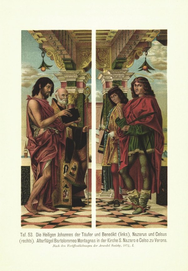 Die Heiligen Johannes der Täufer und Benedikt, Nazarus und Celsus. Lithografie von 1905