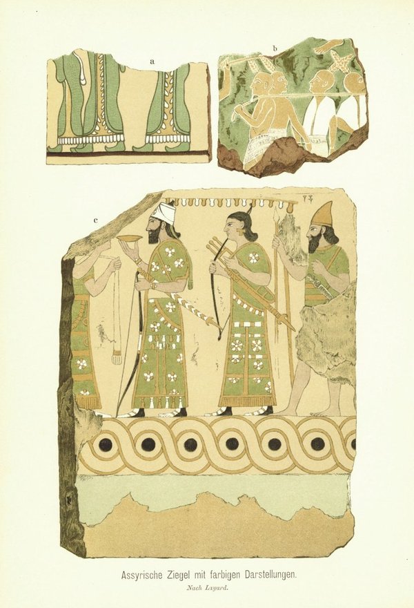 Assyrische Ziegel mit farbigen Darstellungen. Lithografie von 1905