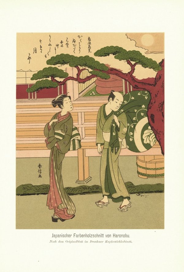 Japanischer Farbenholzschnitt von Haronobu. Lithografie von 1905