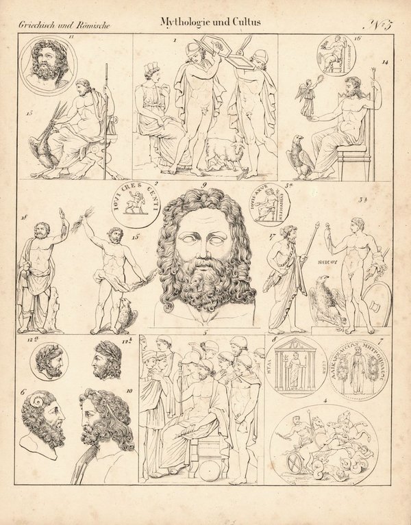 Mythologie und Cultus Nr.5, Griechisch-Römisch . Lithografiertes Blatt von 1830.