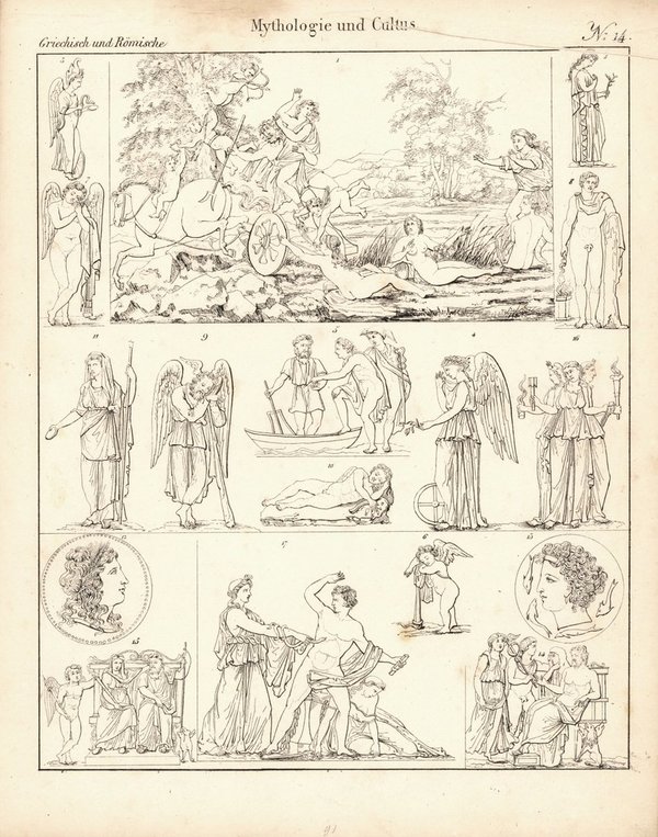 Mythologie und Cultus Nr.14 . Griechisch und Römisch. Lithografiertes Blatt von 1830.