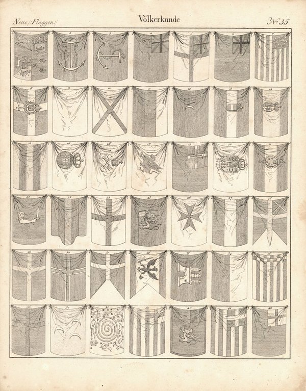 Neue Flaggen, Völkerkunde Nr. 35. Lithografiertes Blatt von 1830.