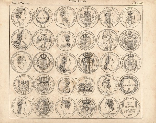 Neue Münzen, Völkerkunde Nr. 46. Lithografiertes Blatt von 1830.