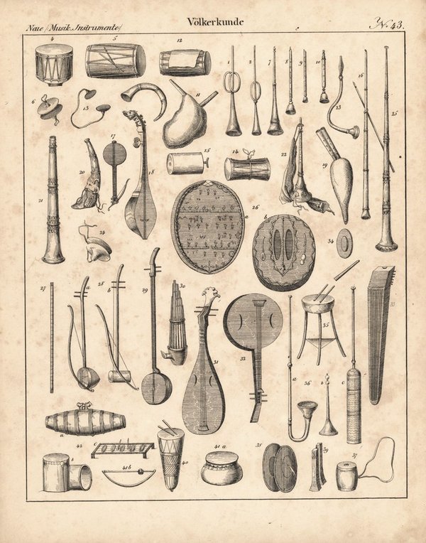 Neue Musikinstrumente, Völkerkunde Nr. 43. Lithografiertes Blatt von 1830.