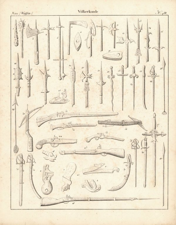 Neue Waffen, Völkerkunde Nr. 40. Lithografiertes Blatt von 1830.