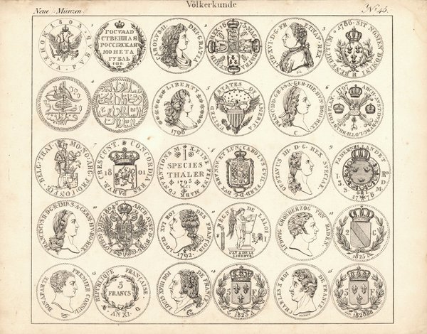 Neue Münzen, Völkerkunde Nr. 45. Lithografiertes Blatt von 1830.