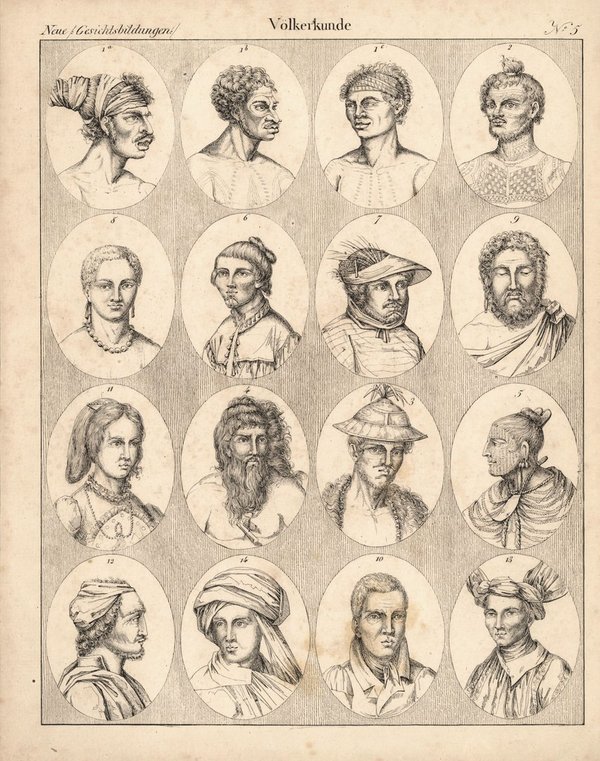 Neue Gesichtsbildungen, Malayische Stämme, Völkerkunde Nr. 5. Lithografiertes Blatt von 1830.