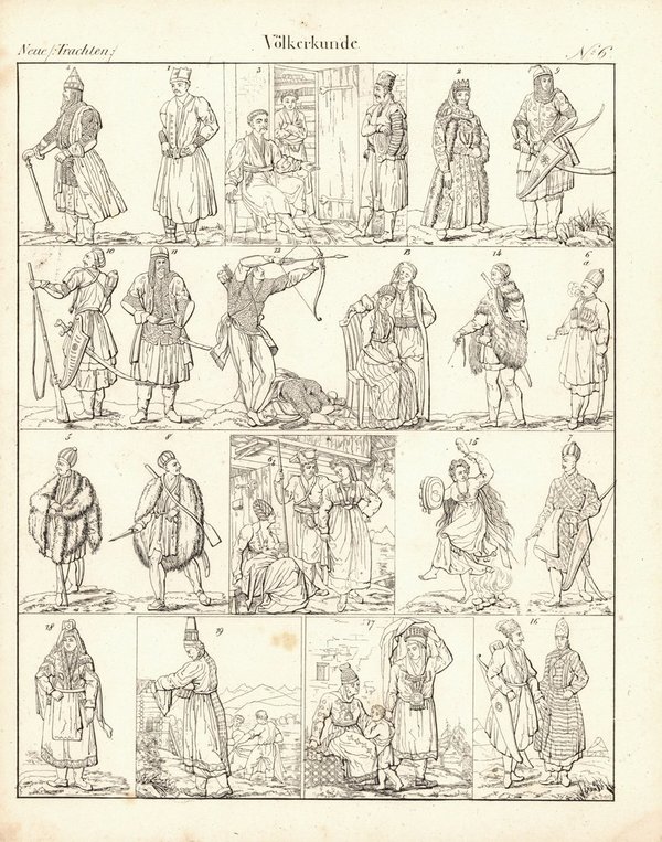 Kaukasische Stämme, Neue Trachten, , Völkerkunde Nr. 6. Lithografiertes Blatt von 1830.