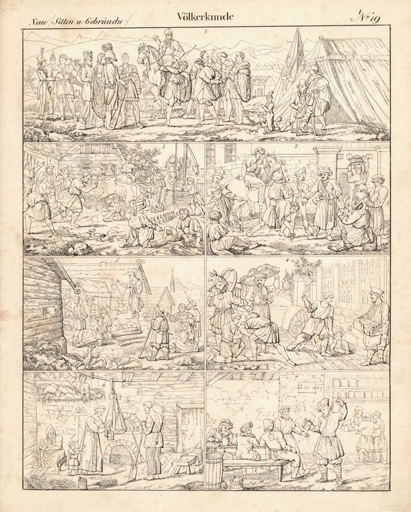 Kaukasische Stämme, Gebräuche, Sitten, Völkerkunde Nr. 19. Lithografiertes Blatt von 1830.