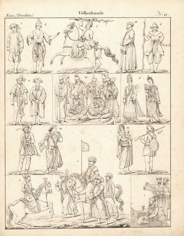 Kaukasische stämme, Neue Trachten, Völkerkunde Nr. 11. Lithografiertes Blatt von 1830.