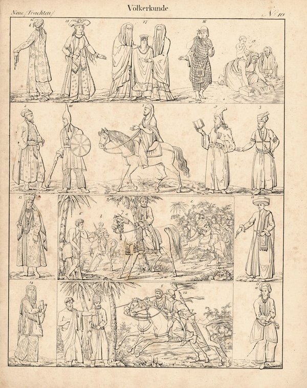 Kaukasische stämme, Neue Trachten, Völkerkunde Nr. 10. Lithografiertes Blatt von 1830.