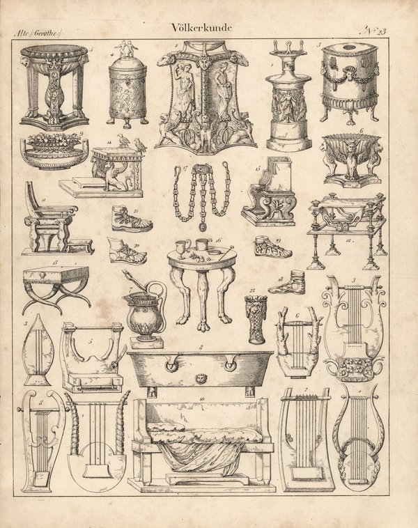 Alte Geräte, Völkerkunde Nr.23 . Lithografiertes Blatt von 1830.