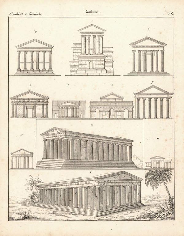 Griechisch und Römische Baukunst Nr. 6. Lithografiertes Blatt von 1830.