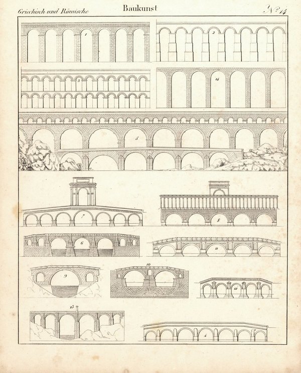 Griechische und Römische Baukunst Nr. 14, Brücken. Lithografiertes Blatt von 1830.
