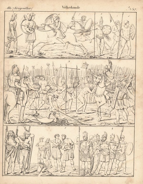 Alte Kriegsvölker, Völkerkunde Nr. 12. Lithografiertes Blatt von 1830.