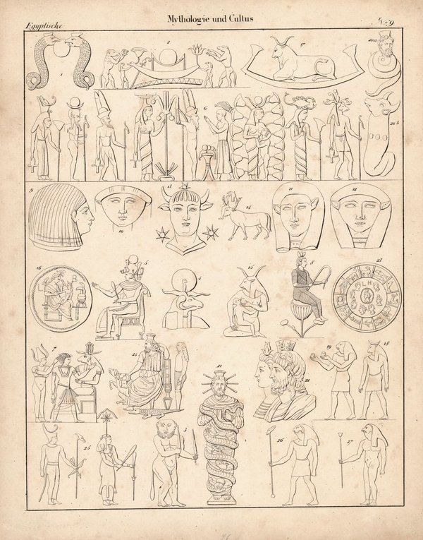 Ägyptische Mythologie und Cultus, Völkerkunde Nr. 9. Lithografiertes Blatt von 1830.