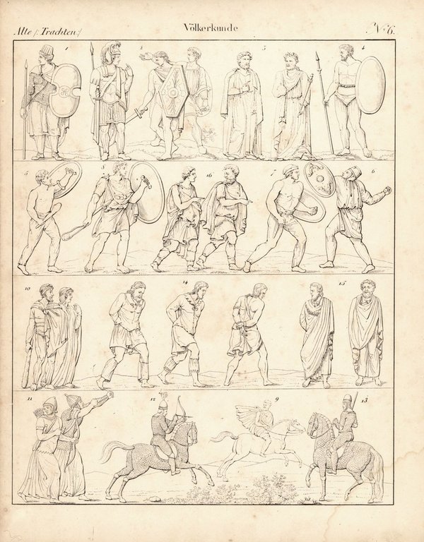 Alte Trachten, Völkerkunde Nr. 6. Lithografiertes Blatt von 1830.