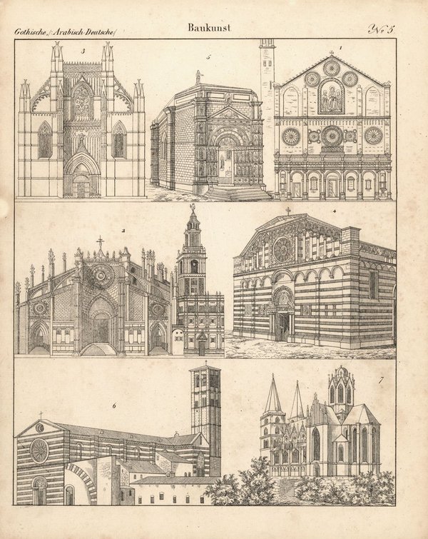 Gothische, arabische, deutsche Baukunst Nr.5. Lithografiertes Blatt von 1830.