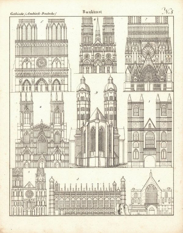 Gothische, arabische, deutsche Baukunst Nr.8. Lithografiertes Blatt von 1830.
