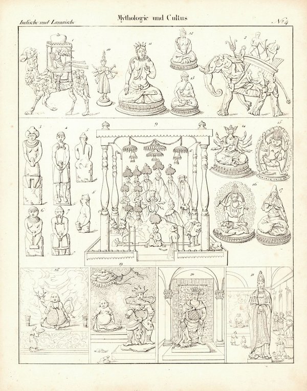 Indische und Lamaische Mythologie und Cultus Nr. 4. Lithografiertes Blatt von 1830.