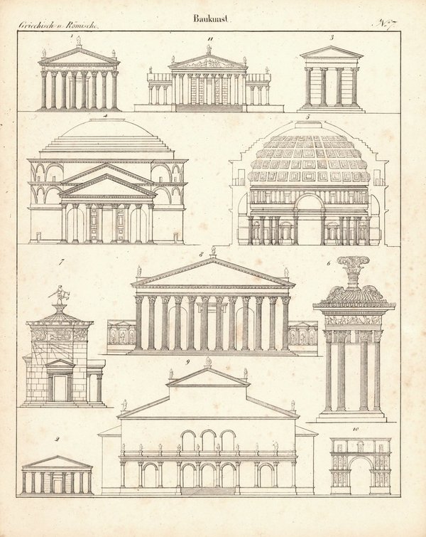 Griechische und Römische Baukunst Nr. 7. Lithografiertes Blatt von 1830.