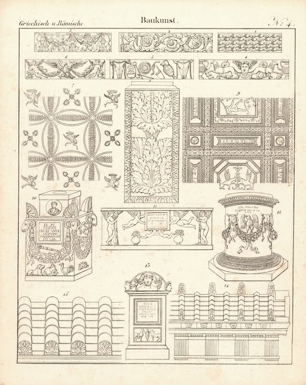 Griechische und Römische Baukunst Nr. 4. Lithografiertes Blatt von 1830.